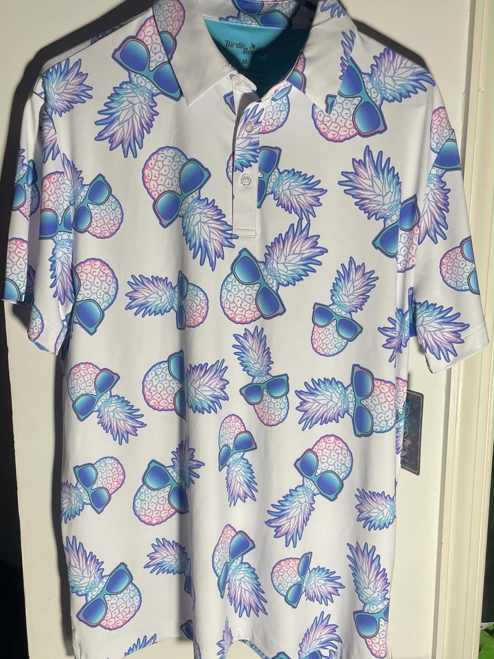 Birdies White Polo with Blue & Purple Pineapple Motif